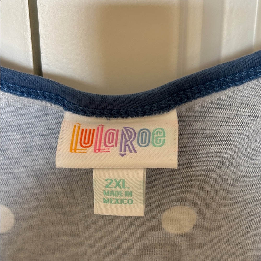LuLaRoe Blue Polka Dot Top with Navy Trim - Picture 2 of 7